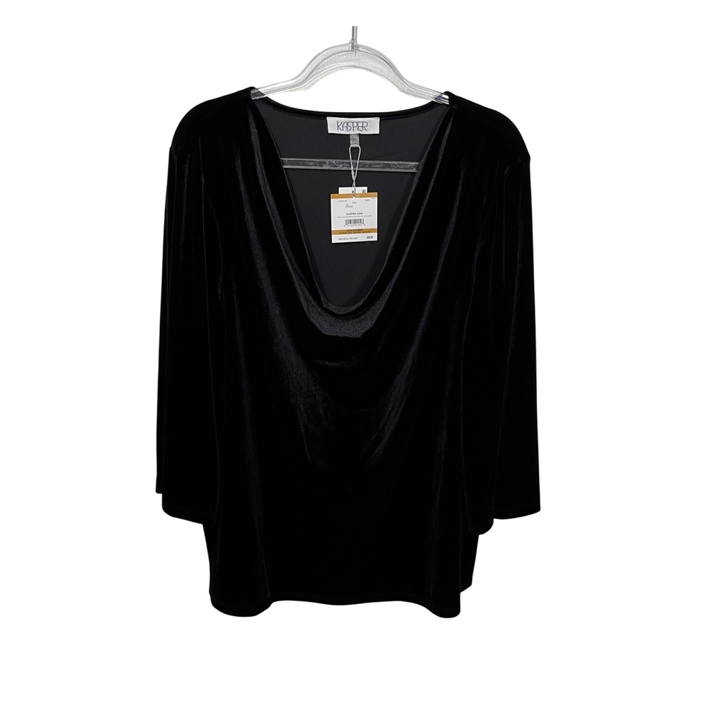 Kasper Cowl Neck Top Women 3X Black Velvet 3/4 Sleeve Blouse 11357777-169